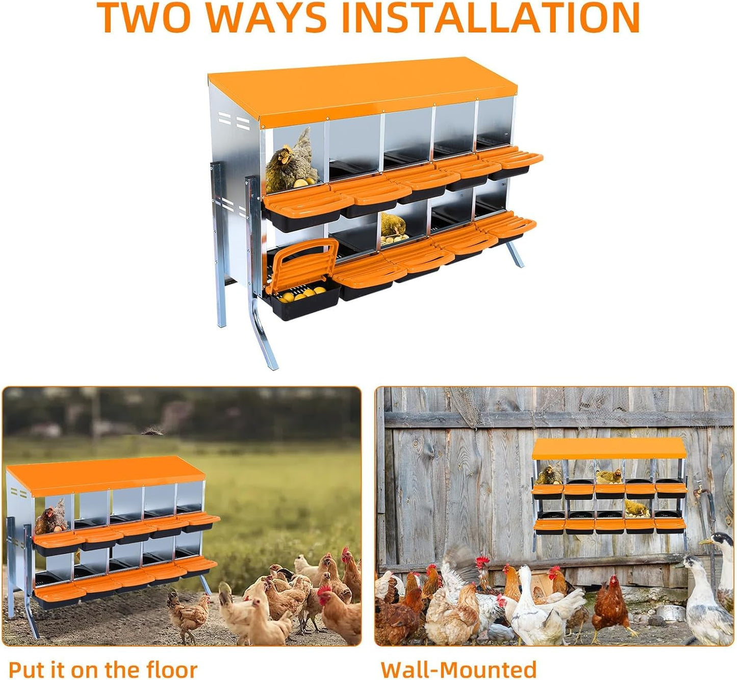 Chicken Nesting Boxes, 10 Hole Metal Chicken Laying Box with with Removable Trays and Roll Out Egg Collection for Chicken Coop, with Metal Bracket, Orange
