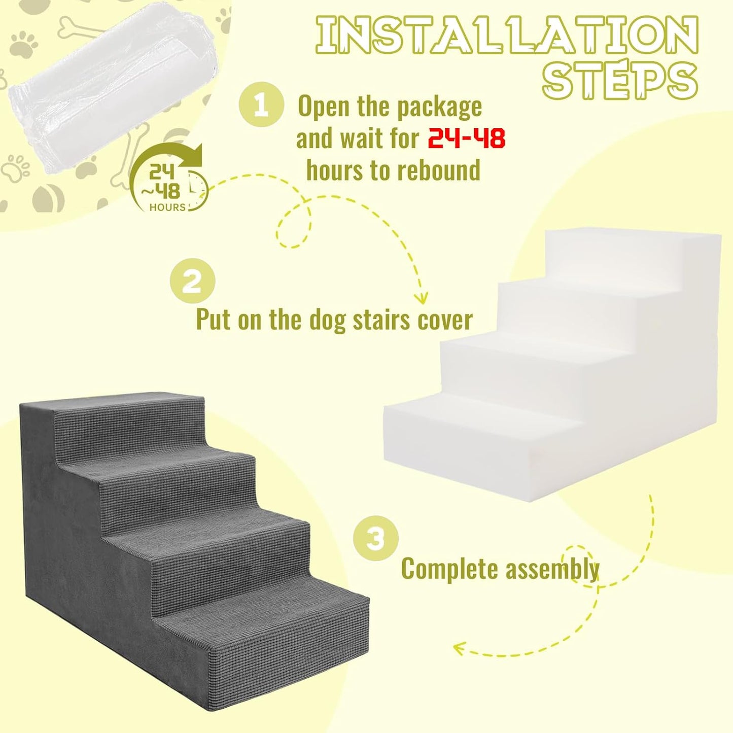 Niubya Dog Stairs for Small Dogs and Cats,18'H Non-Slip Bottom Pet Steps for High Beds and Couch,High-Density Foam Pet Stairs Grey,4 Steps