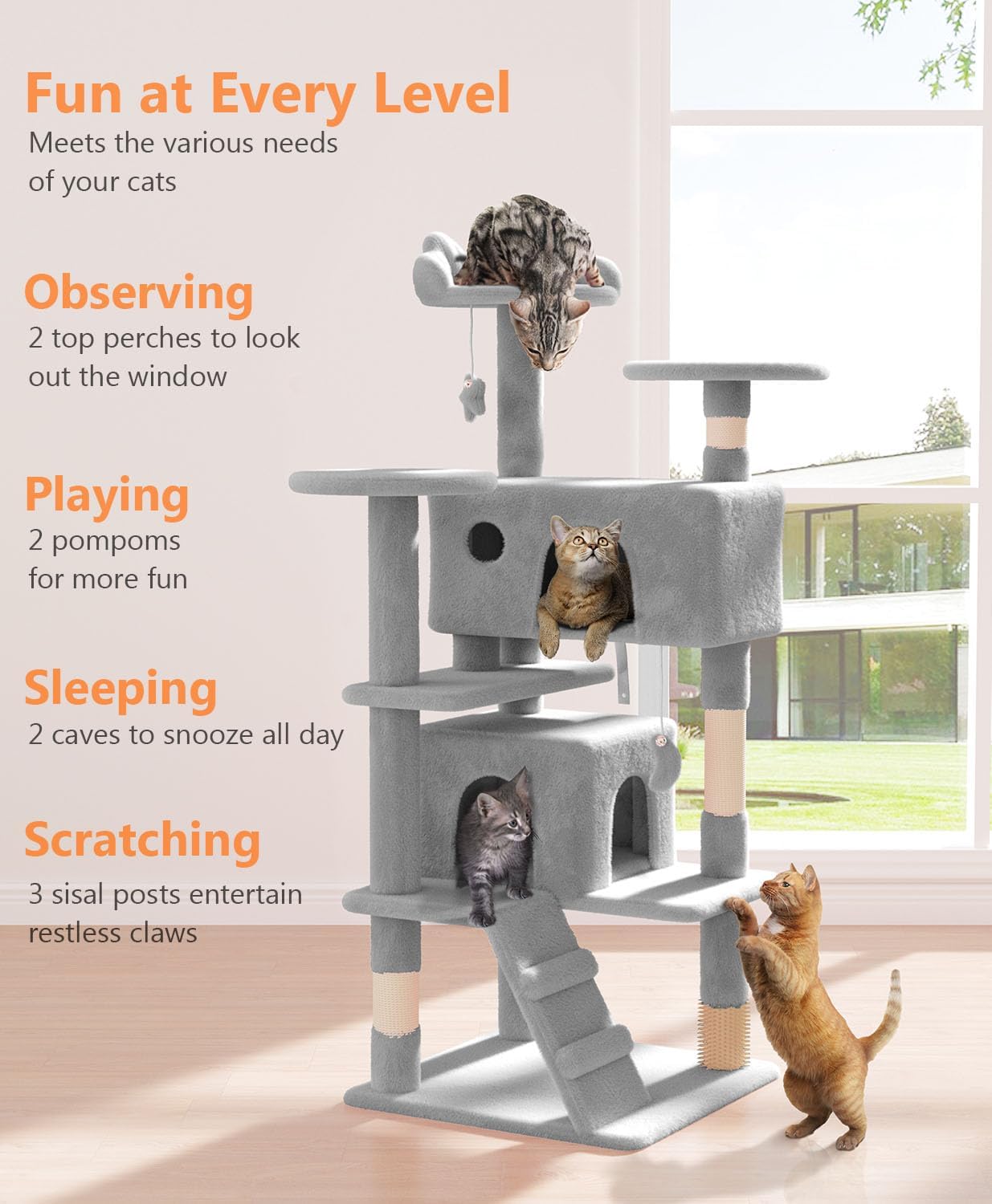 54" Cat Tree Tower for Indoor Cats Large Adult,Cute/Tall Modern Cat Tree for Big Cats 20 lbs, Plush Multi-Level Cat Condo with Scratching Posts, Dangling Ball for Fun (Light Gray, 54 inch)