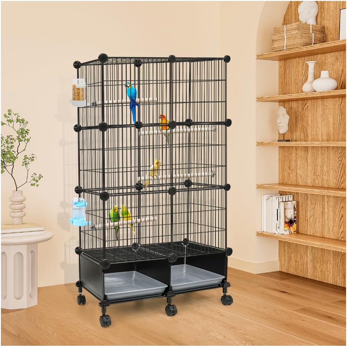46-Inch Bird Cage, with Wooden Perches, Metal Parakeet Cage with Slide-Out Tray, Water Bottle & Feeder, Bird Cages for Parrot, Parakeets, Cockatiel, Lovebird, Pigeon and Small Mid-Sized Birds
