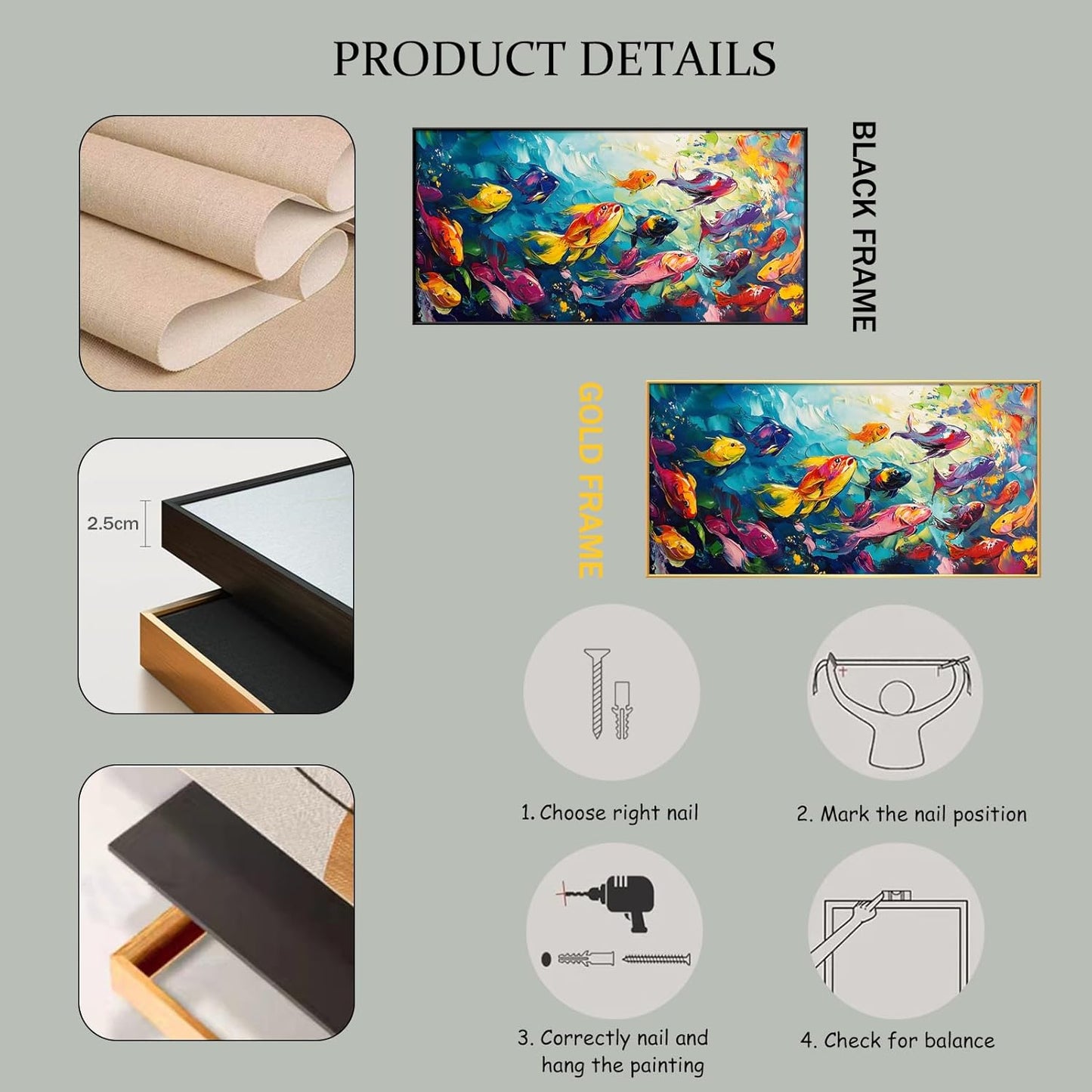 School of Fish Printed Canvas Wall Art – Framed Abstract Ocean Print – Vibrant Fish Wall Decor for Living Room, Bedroom, Office (Black Framed, 39"x19"|100x50cm)