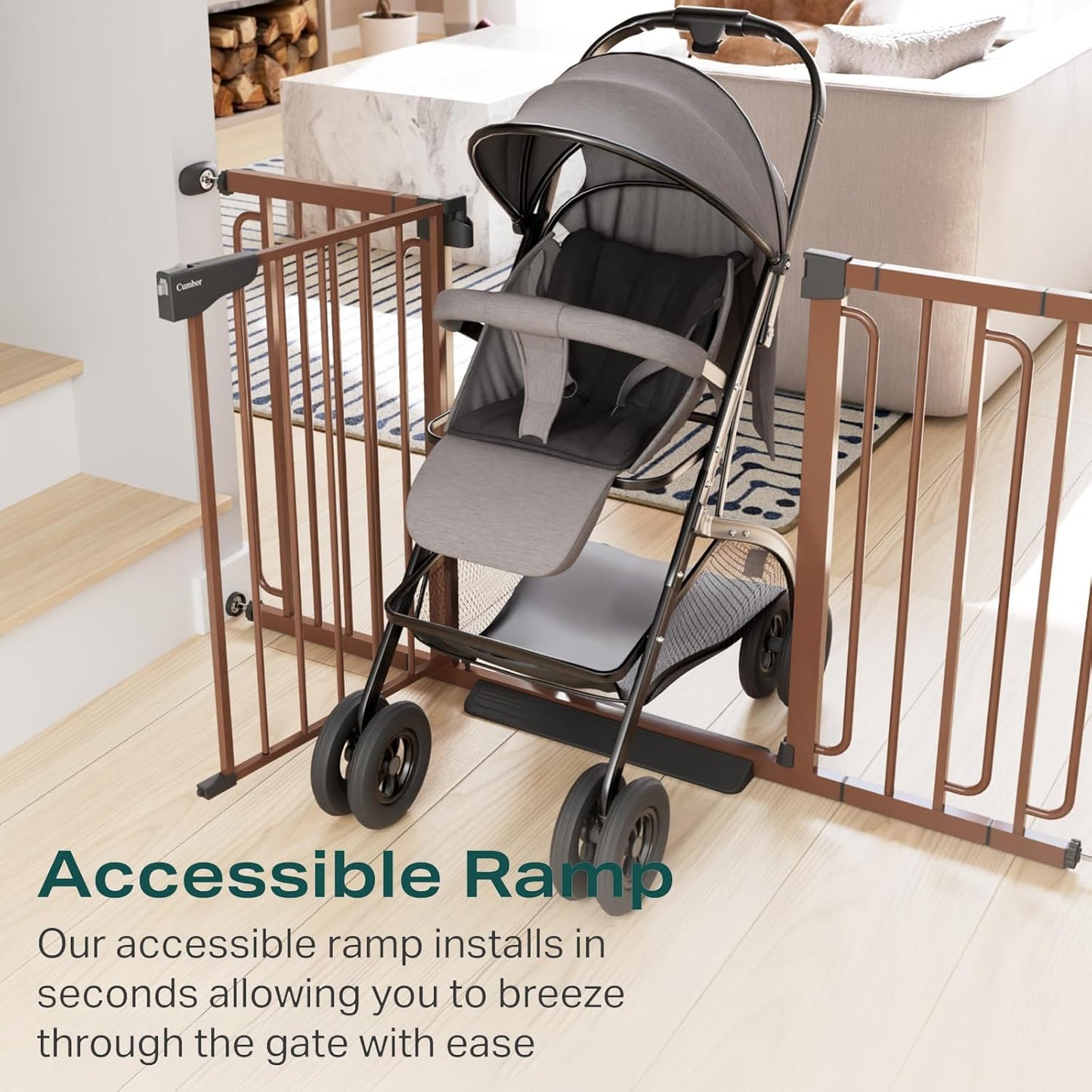 Cumbor 29.7-57" Extra Wide Baby Gate for Stairs, Mom's Choice Awards Winner-Dog Gate for Doorways, Pressure Mounted Walk Through Safety Child Gate for Kids Toddler, Tall Pet Puppy Fence Gate, Brown