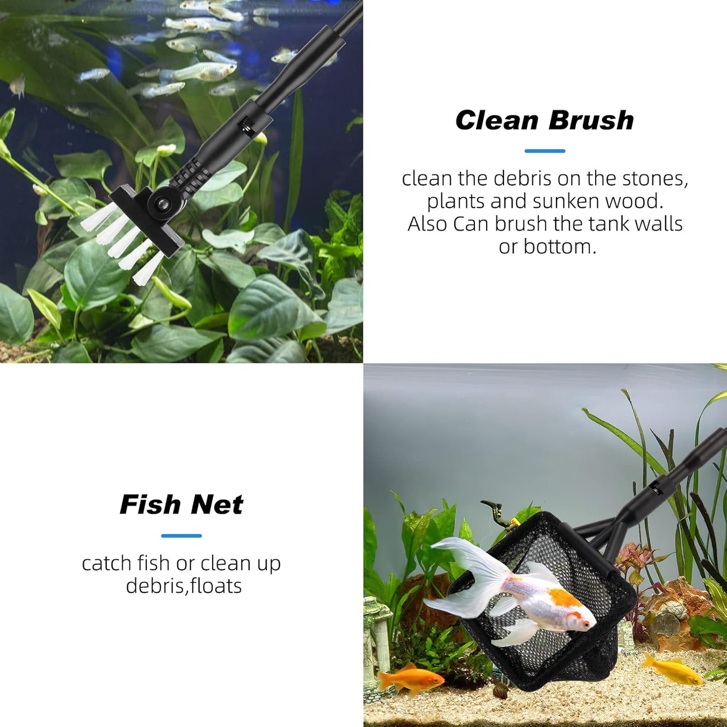 hygger Small Fish Tank Cleaner, Aquarium Cleaning Tools Kit with Handle, Seaweed Scraper, Fishing Net, Sponge Brush,Wall Brush (M)