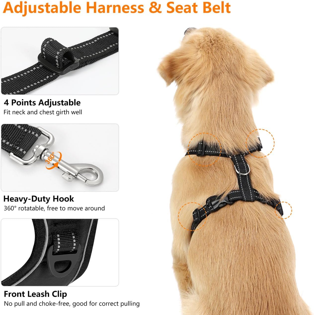 Dog Seat Belt Harness for Car, Dog Car Harness Adjustable Mesh Breathable & Dogs Seatbelt Safety Tether with Elastic Bungee for Small Medium Large Pets(Carbon Black, XL)