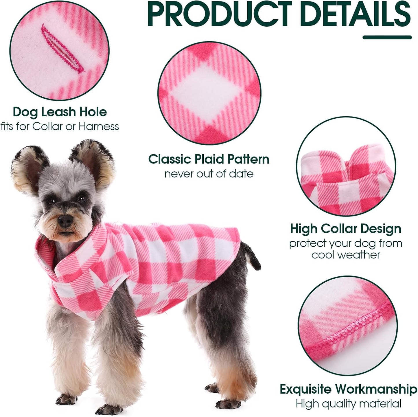 Kuoser Dog Fleece Vest,Warm Plaid Dog Sweater with Leash Hole,Soft Turtleneck Winter Pet Jacket Dogs Coat Pullover Clothes for Small Medium Dogs Cats,Spring Fall Cold Weather Christmas Outfit,Pink XS