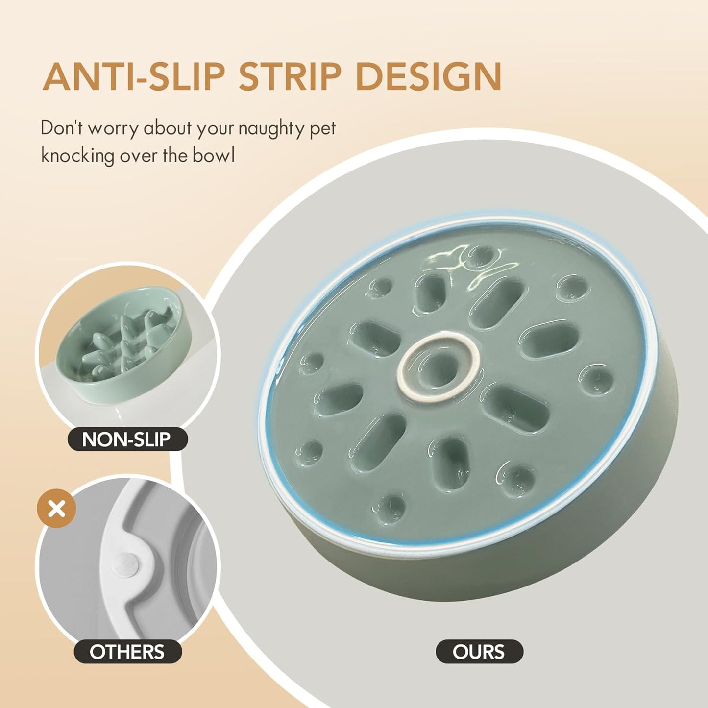 6.1inch Dog Bowl Slow Feeder Ceramic, Slow Pet Food Dish for Small Dog and Cat, Stop Bloat, Preventing Choking(Single Bowl, Beige)