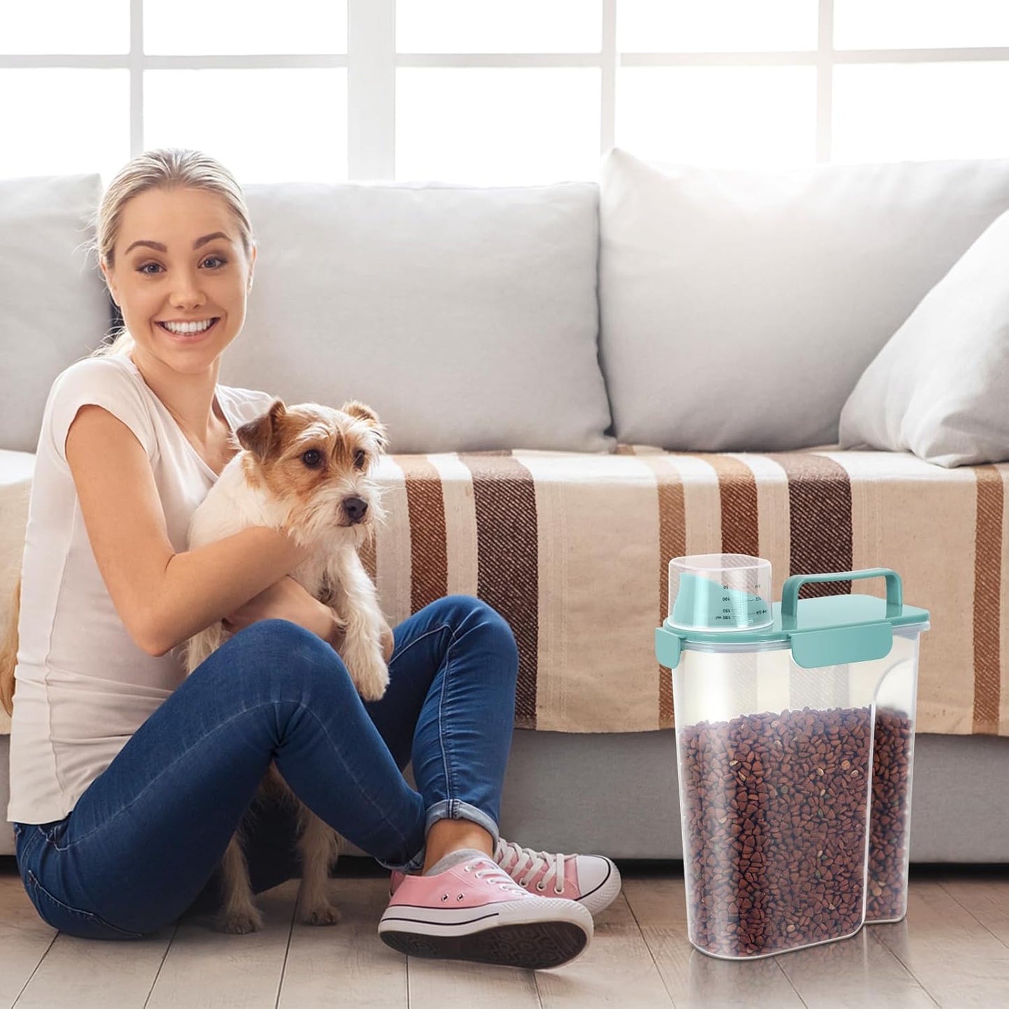 5-7Lbs Dog Cat Food Storage Container with Upgraded Large Nozzle BPA-free, 4 Snap Seals Plastic Pet Food Storage Containers with Handles (2, Elegant Blue, 5L)