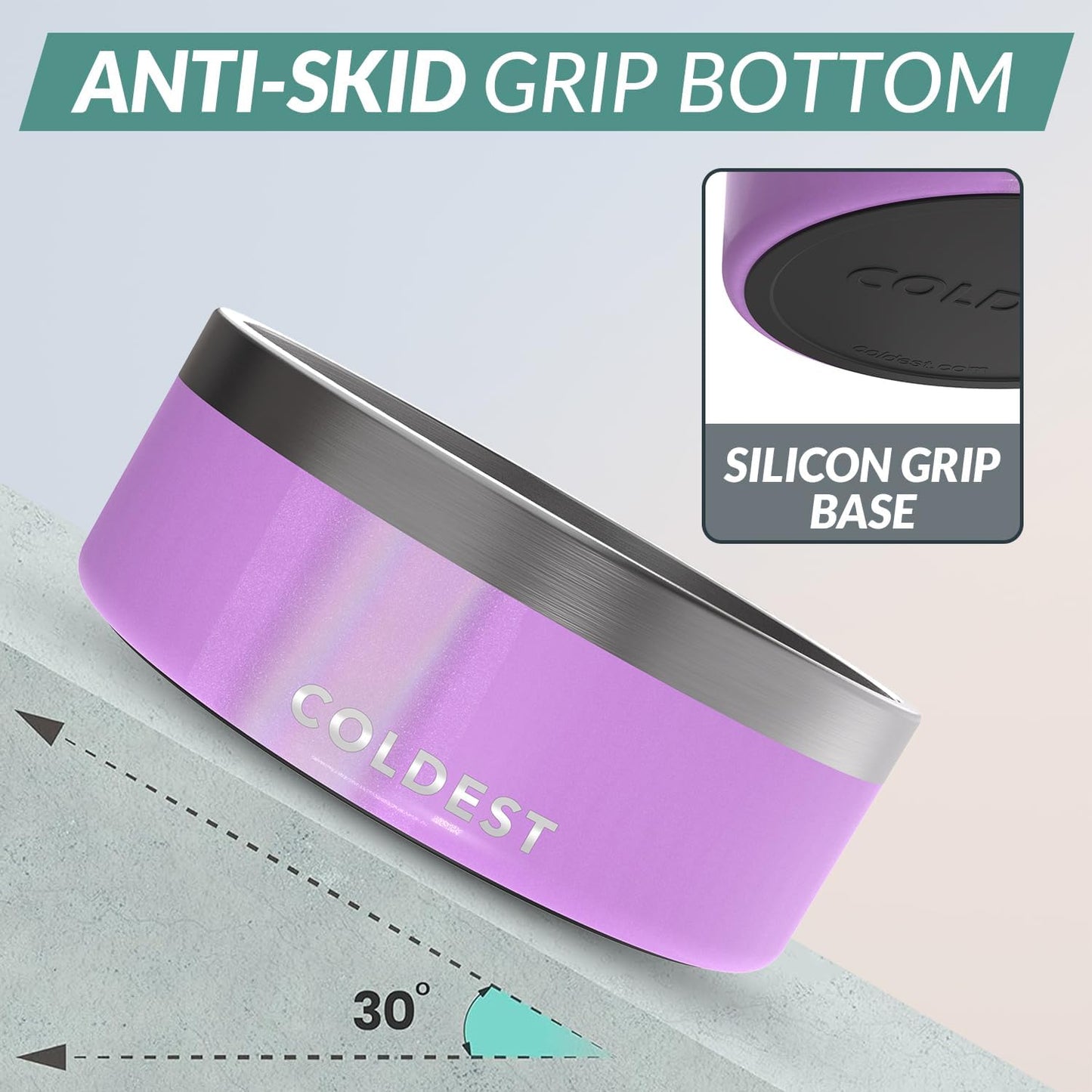 Coldest Dog Bowl - Anti Rust Metal, Non Slip, 3 Layers Insulated Stainless Steel Dog Bowls - Spill Proof & Heavy Duty - Water Bowl for Dogs, Cats, Dish Washer Safe (64 oz, Saturns Purple Glitter)