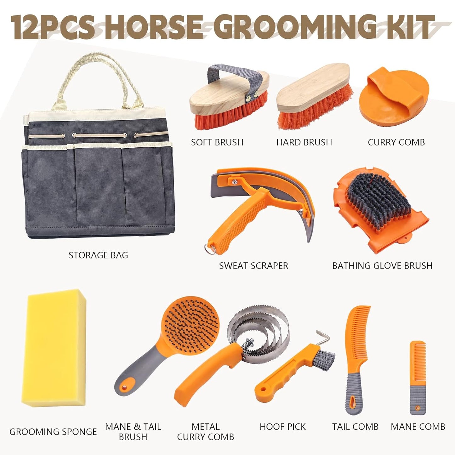 Horse Grooming Kit, Horse Grooming Supplies Includes 12 Horse Hair Care Tools Such as Handbag, Horse Brush, Horse Comb, Hoof Pick, Sweat Scraper, Etc., Suitable Gifts for Horse Riding Enthusiasts