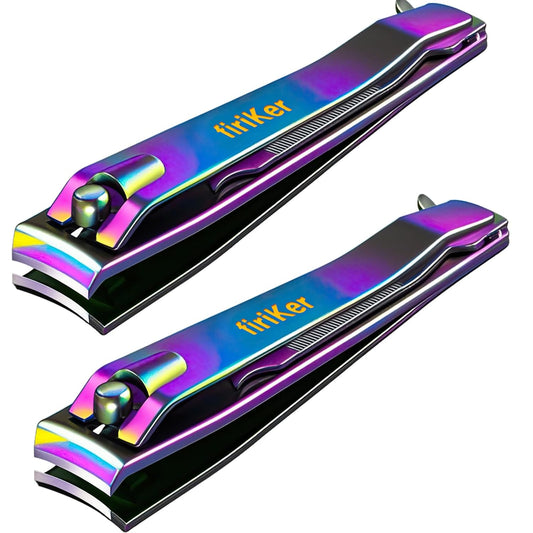 2PCS Stainless Steel Nail Clippers,Rainbow Fingernail Clipper and Toenail Clipper, Wide Easy Press Lever Nail Cutter with Swing Out Nail Cleaner/File for Men and Women