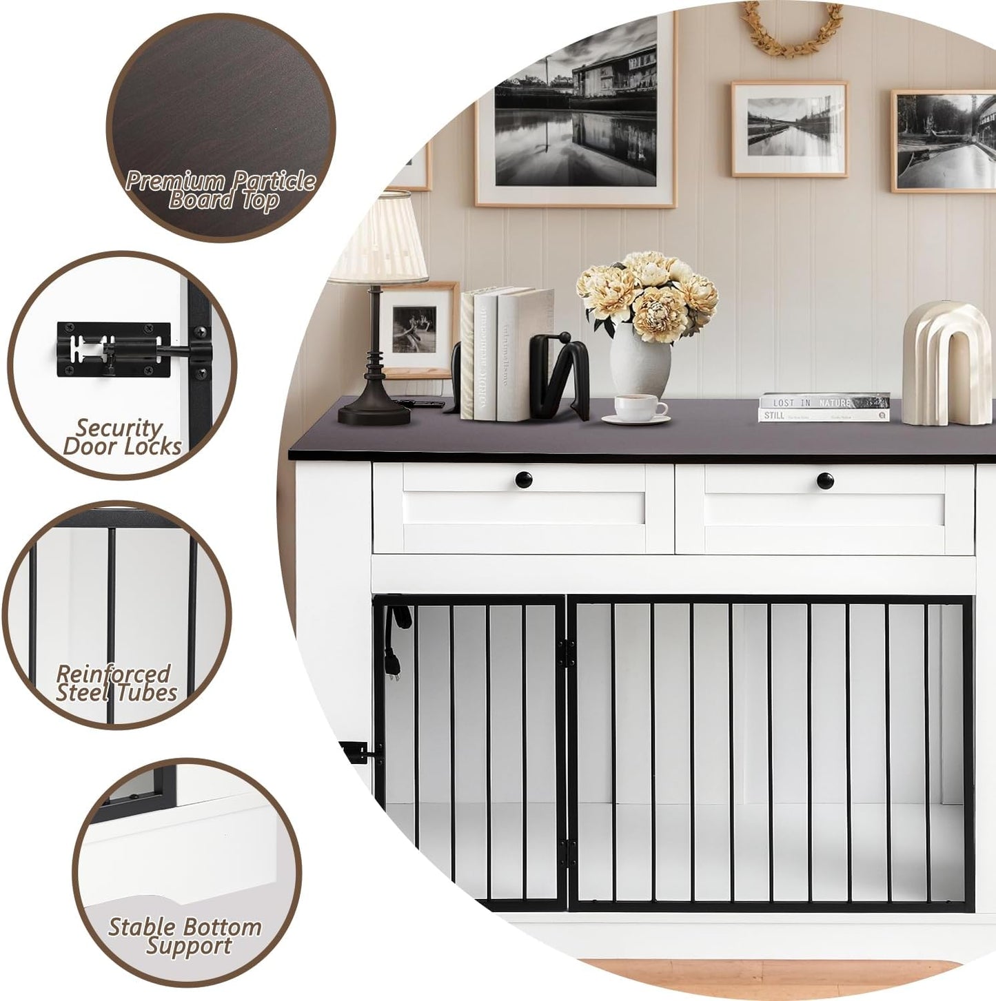 Large Dog Crate Furniture-Decorative Heavy Duty Dog Cage Indoor, Wooden Dog Cage End Table with Charging Station, Dog House with 2 Drawers (White, 47.2''L)