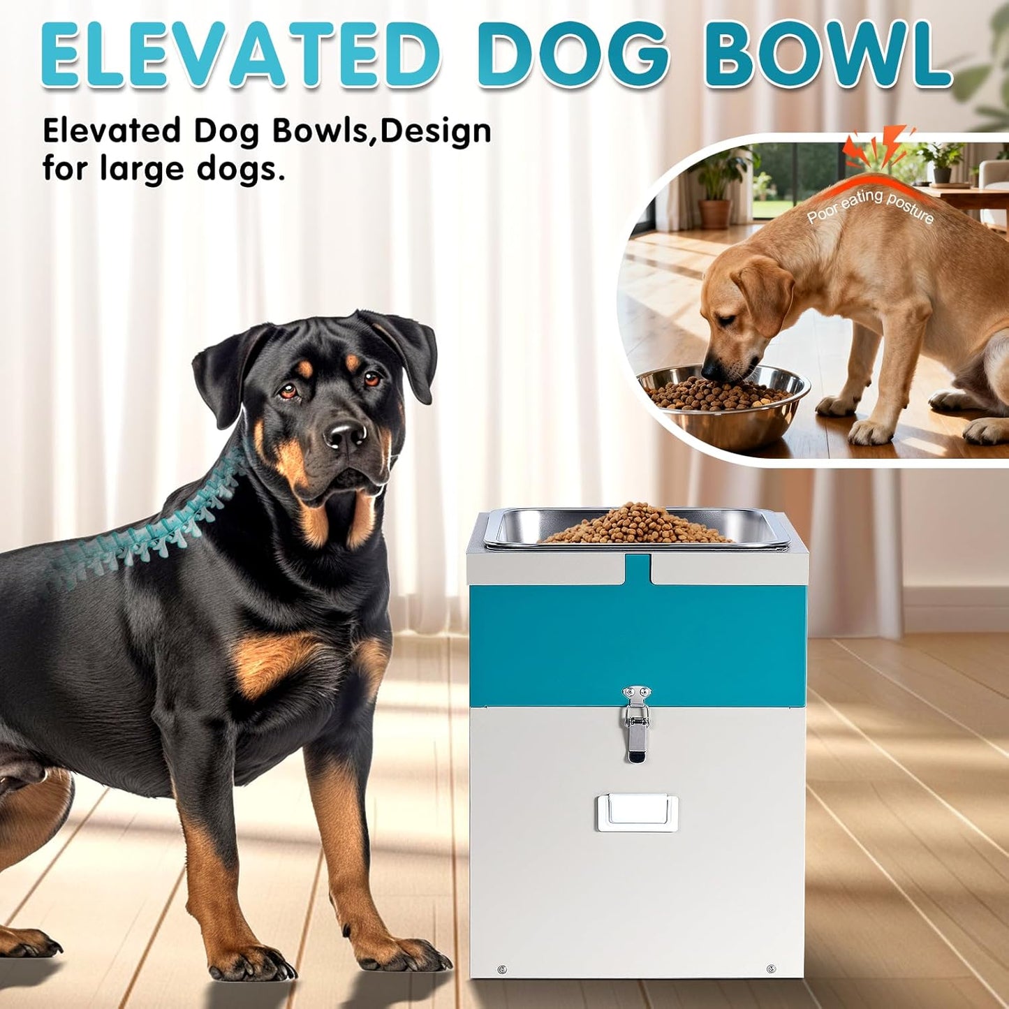3Gal Elevated Dog Bowls with Storage Large Breed,Raised Dog Bowl Stand 38L Pet Food Toy Storage Container Stainless Steel Water Bowl Feeder 3 Adjust Heights Feeding Station (L)