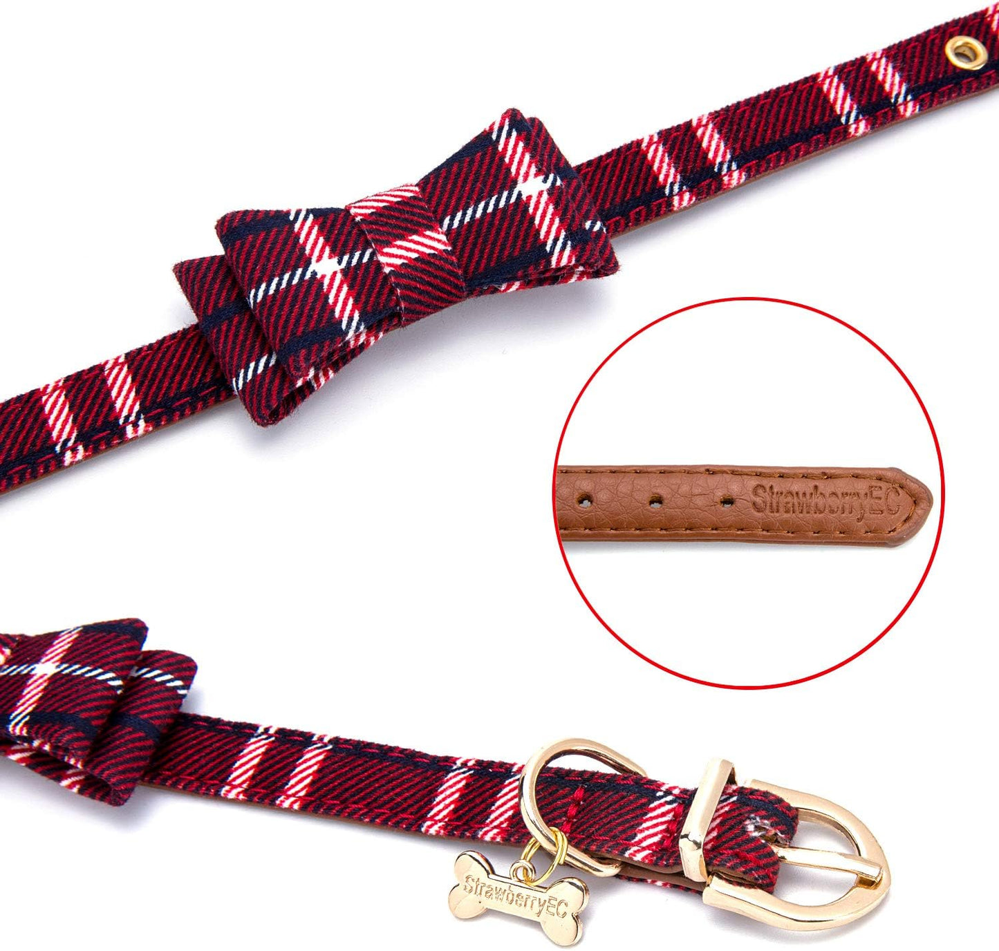 Puppy Collars for Small Dogs - StrawberryEC Adjustable Puppy Id Buckle Collar Leather. Cute Plaid Red Bowtie Dog Collar (Bow-Red)