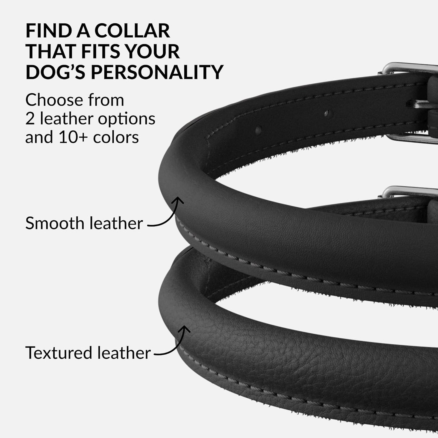 CollarDirect Rolled Leather Dog Collar, Soft Padded Round Puppy Collar, Handmade Genuine Leather Collar Dog Small Large Cat Collars 13 Colors (8-11 Inch, Black Smooth)
