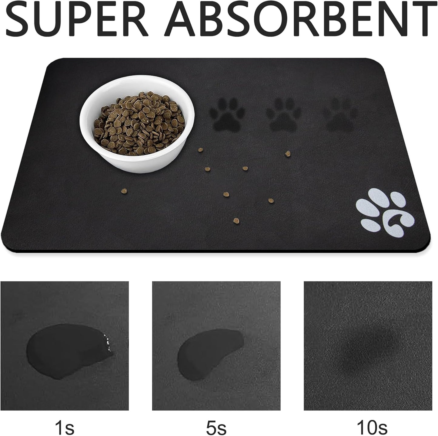 YCT Pet Cat Food Mats for Dog Food Mat, Cat Mat for Food, Pet Dog Cat Feeding Mat Eating Mat Pet Dog Cat Bowl Mats, Non-Slip Super Absorbent, with Footprints Logo，24 x 16.9 inches, Black