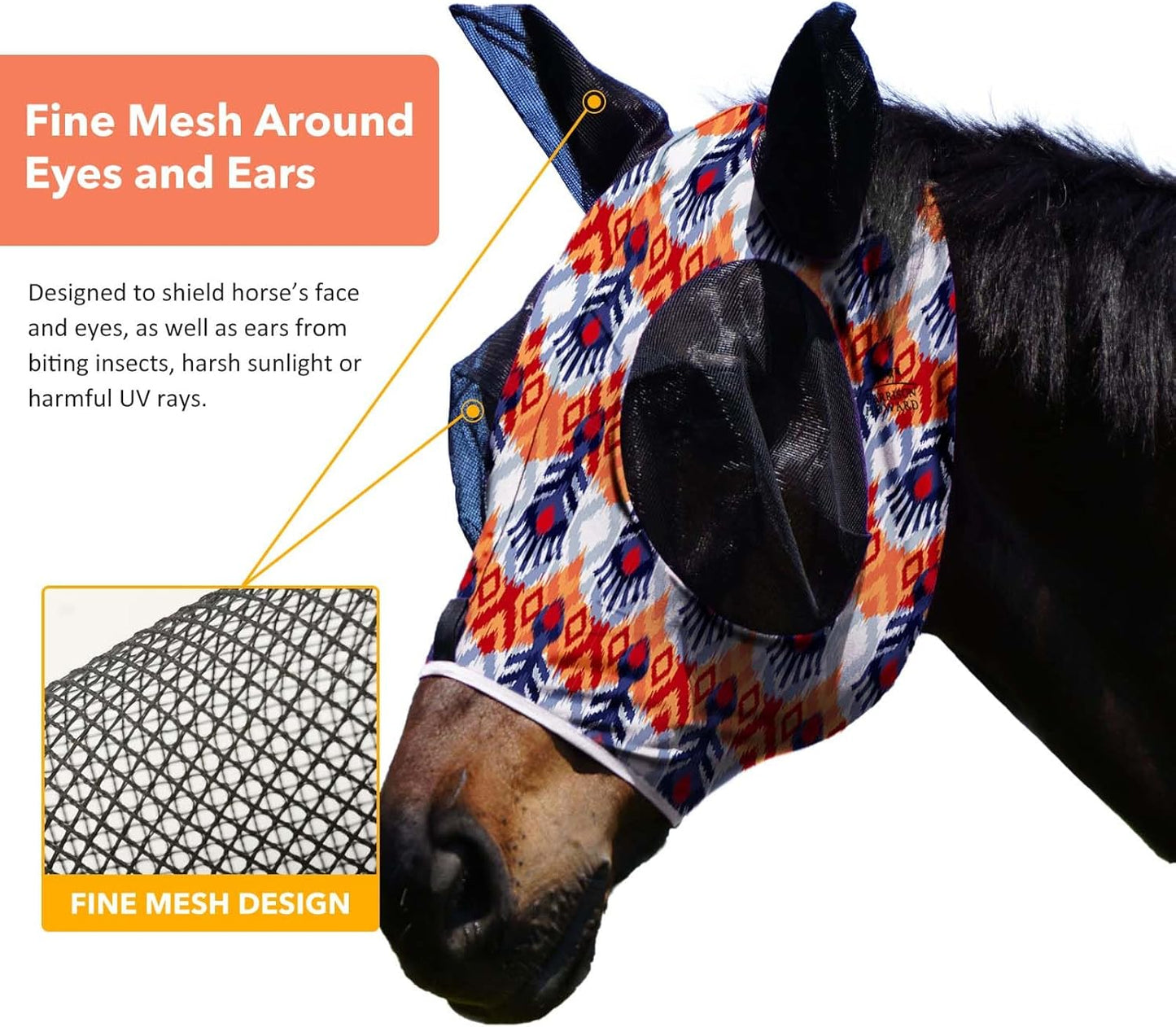 Harrison Howard Super Comfort Stretchy Fitting Horse Fly Mask with UV Protection Soft on Skin with Breathability Tribe Feather Cob (Medium)