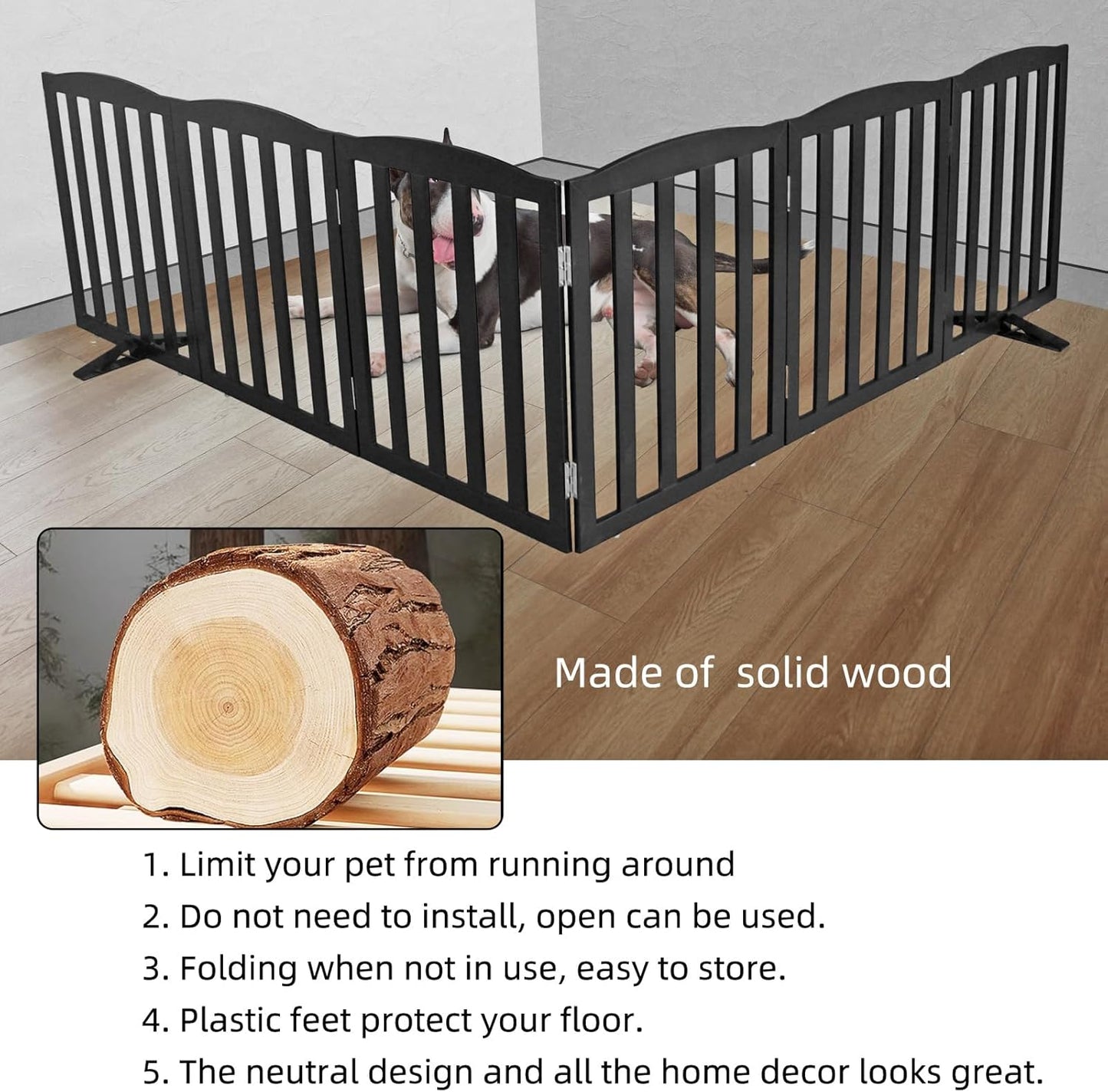 ZJSF Foldable Freestanding Indoor Dog Gate for House Wood Long Pet Gates Dog Fence for Stairs Puppy Gates for Hallways, Puppy Gate,Support Feet Included, Black, 32 "Height-6 Panels