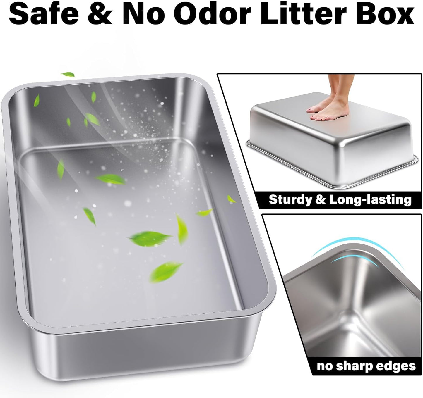 Large Stainless Steel Cat Litter Box-Metal Litter Box for Cats, High Sided Metal Litters Boxes, No Smell, Non Stick, Easy Clean, Odor Proof, Indoor Outdoor