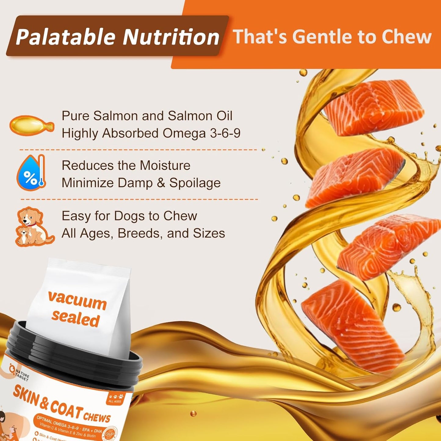 NATURE TARGET Omega 3 Fish Oil for Dogs, Salmon Oil Skin and Coat Supplement for Dogs Itchy Skin Relief with Omega 3-6-9 (EPA & DHA), Zinc, Biotin and Vitamin E & C - 120 Salmon Flavored Soft Chews