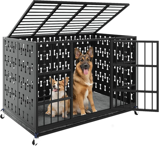 LEMBERI 48/42 inch Indestructible Heavy Duty Dog Crate with Cushion, High Anxiety Extra Large Dog Cage for Large Dogs, XL Steel Escape Proof Dog Kennel with Locking Wheels