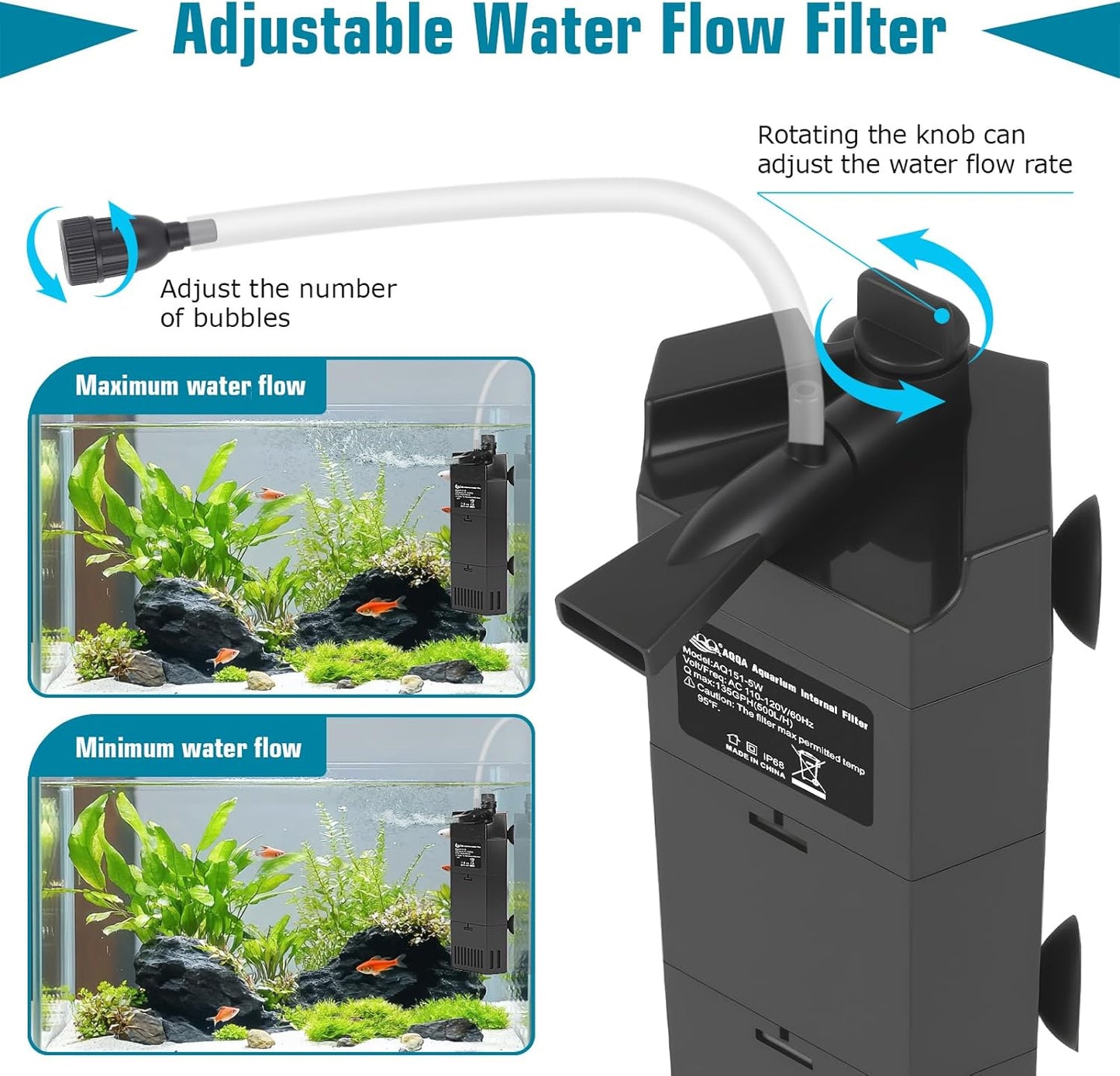 AQQA Submersible Aquarium Filter for 50-100Gal Fish Tank Whisper Fish Corner Filters with Adjustable Waterflow for Bio Filtration, Water Circulation and Oxygenation (12W,260GPH)