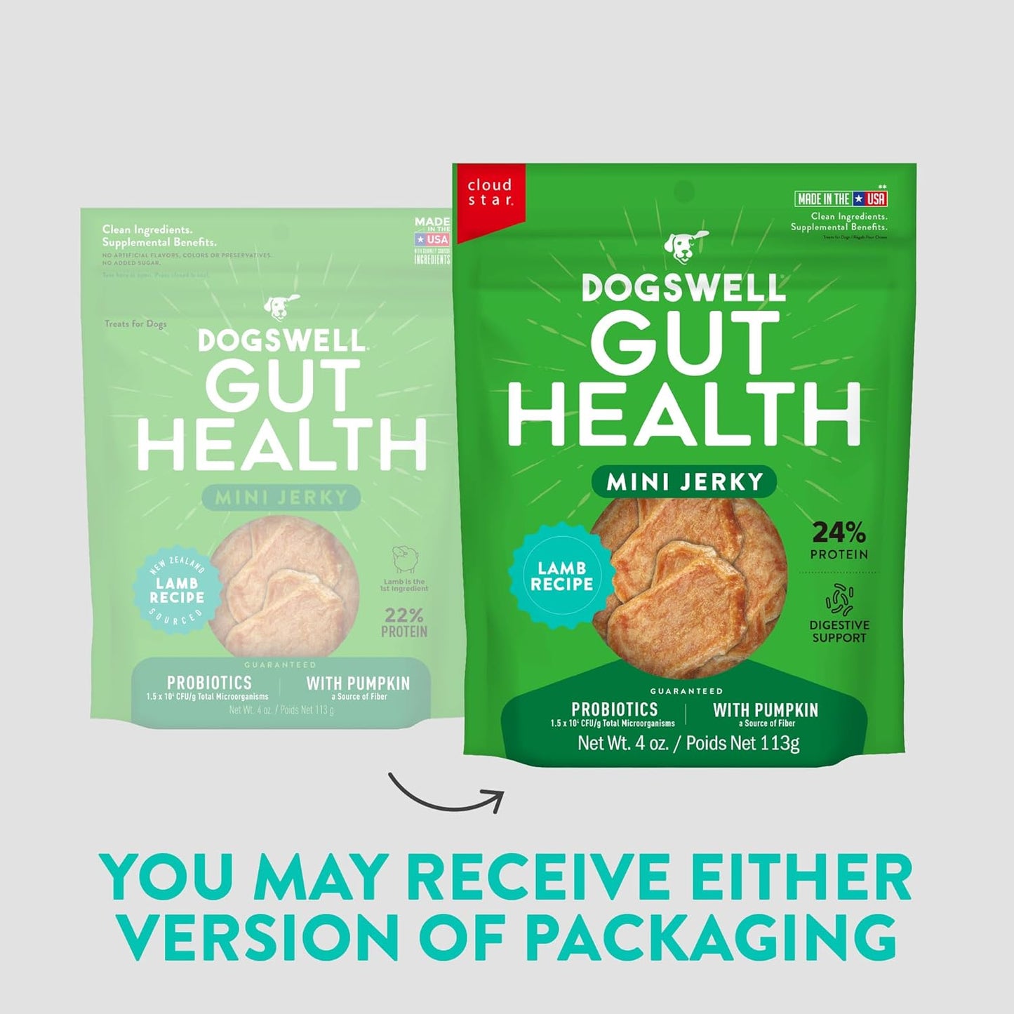 DOGSWELL Gut Health Mini Jerky Functional Dog Treats, Lamb 4 oz. Bag