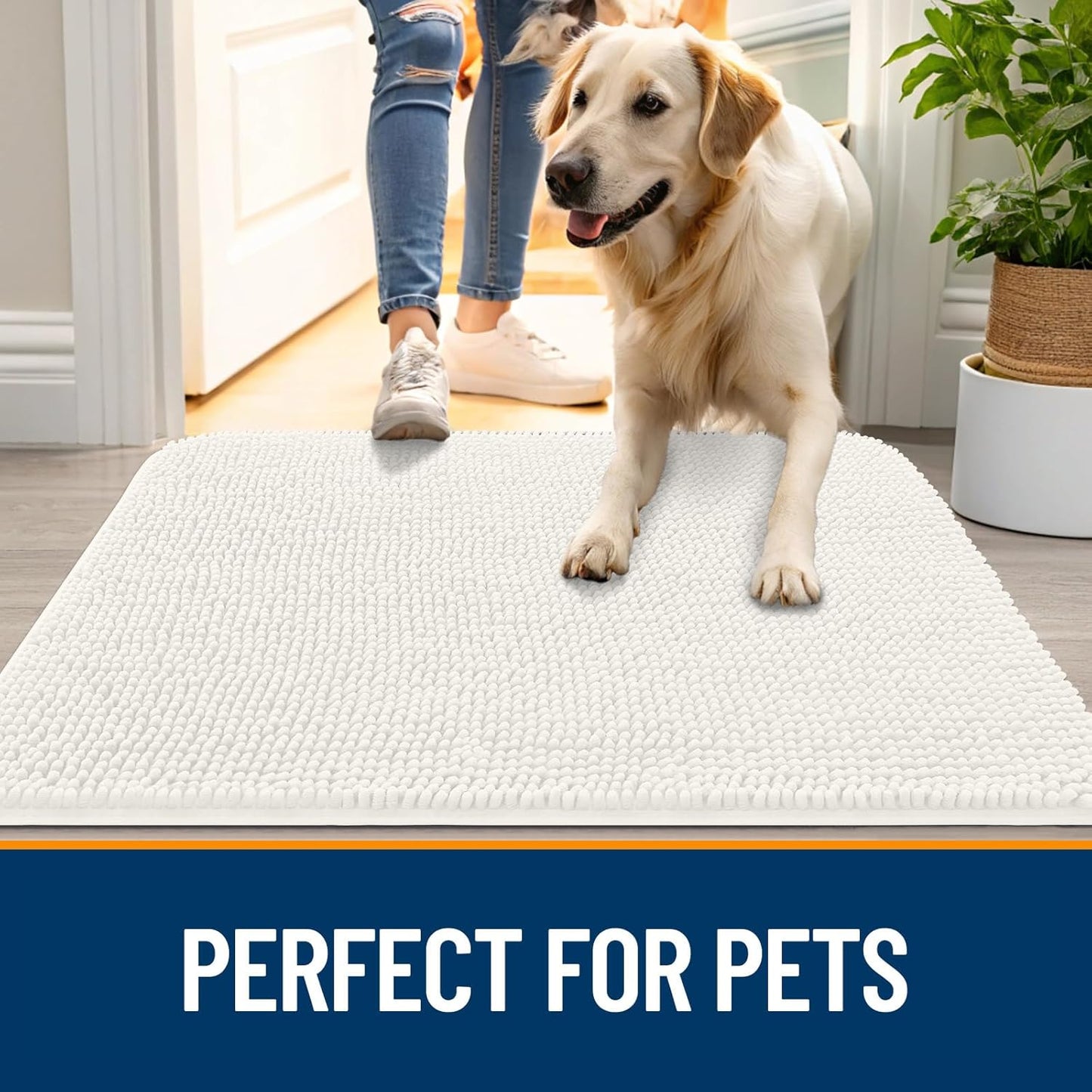 OLANLY Dog Door Mat for Muddy Paws 44x24, Absorbs Moisture and Dirt, Absorbent Non-Slip Washable Doormat, Quick Dry Chenille Mud Mat for Dogs, Entry Indoor Entryway Carpet for Inside Floor, Ivory