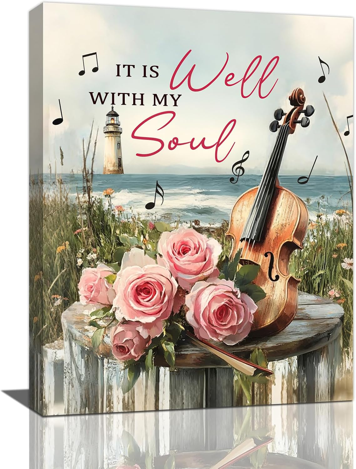 Violin Pictures Wall Art, Music Rustic Inspirational Bathroom Wall Decor, Coastal lighthouse Framed Painting Rose Aesthetics Canvas Artwork for Bathroom Bedroom Living Room Decorations 16"L x 12"W