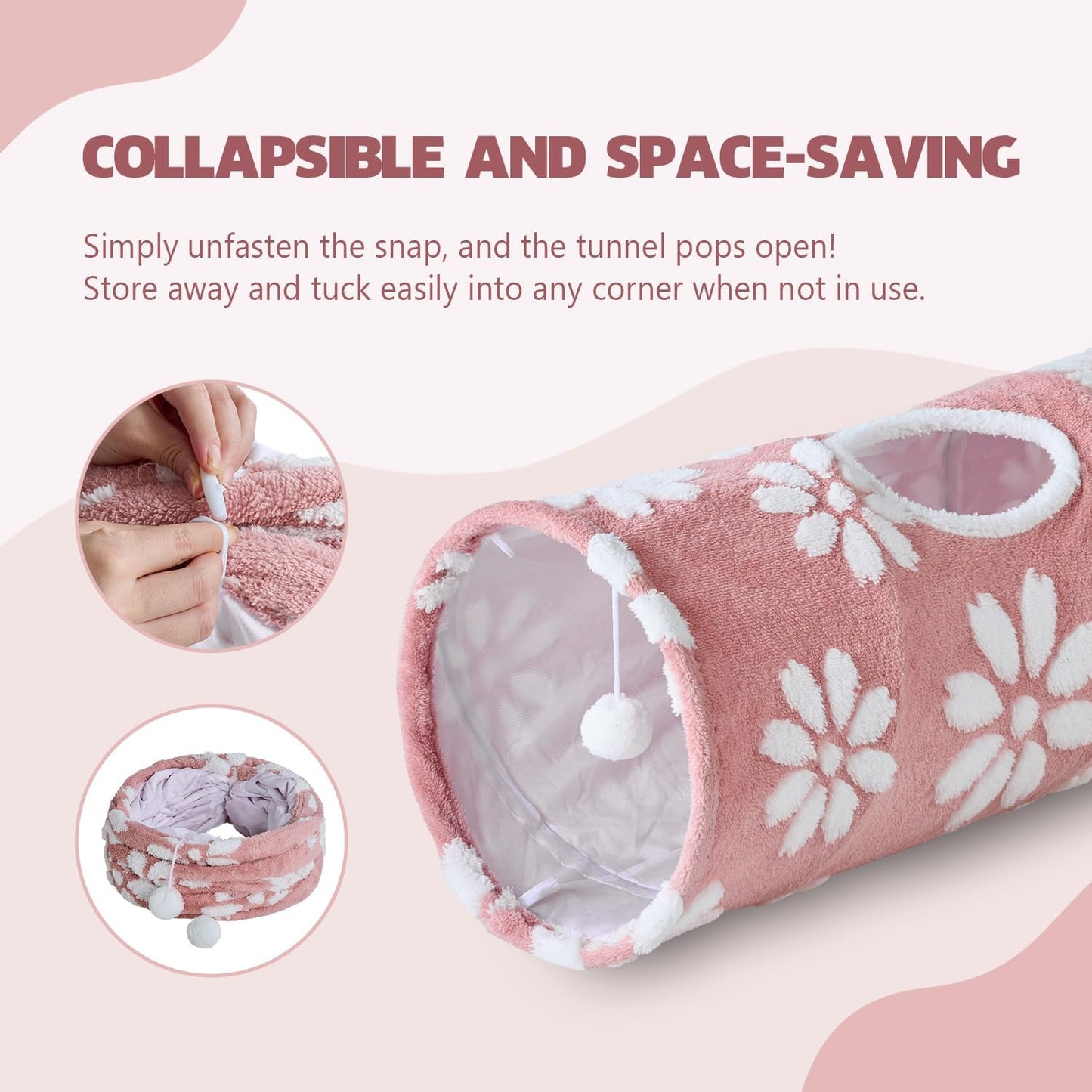 Straight Cat Tunnel for Indoor Cats 47"x12", Cute Cat Toys Collapsible Tunnel Tube with Balls for Puppy Kitten Rabbit, Pink Flower