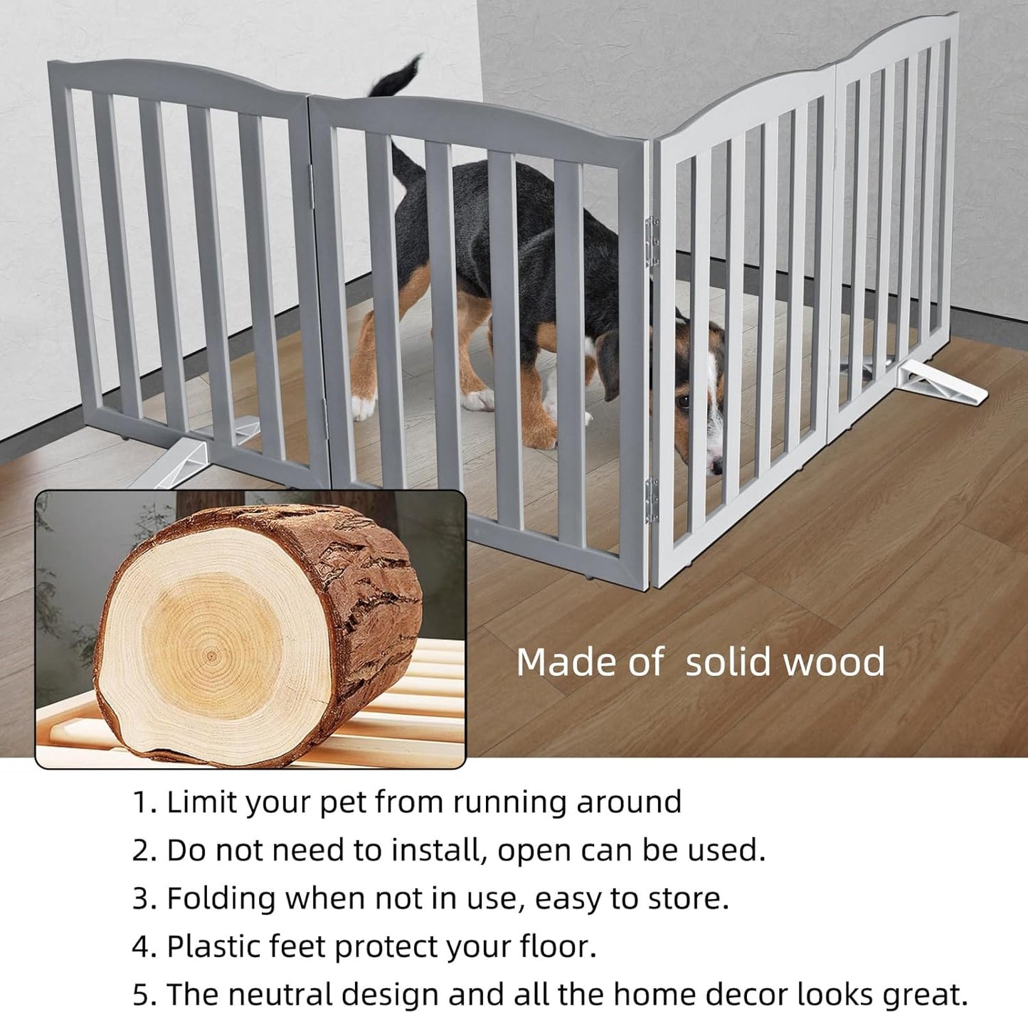 ZJSF Foldable Freestanding Indoor Dog Gate for House Wood Long Pet Gates Dog Fence for Stairs Puppy Gates for Hallways, Puppy Gate,Support Feet Included, Grey, 32 "Height-4 Panels