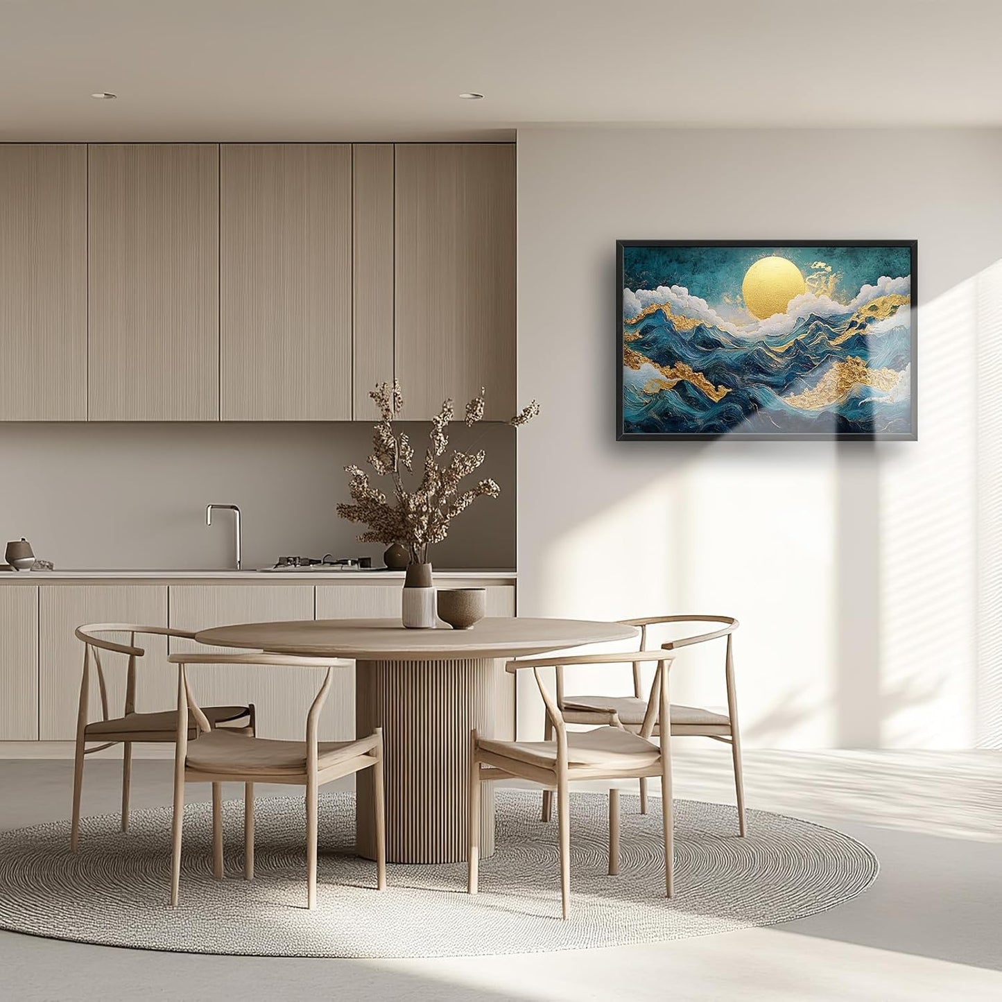 Framed Large Sun Mountain Wall Art, Oversized Teal and Golden Sun Wall Decor for Living Room, Abstract Landscape Canvas Painting Modern Artwork Home Decoration for Living Room Bedroom 36"x24"