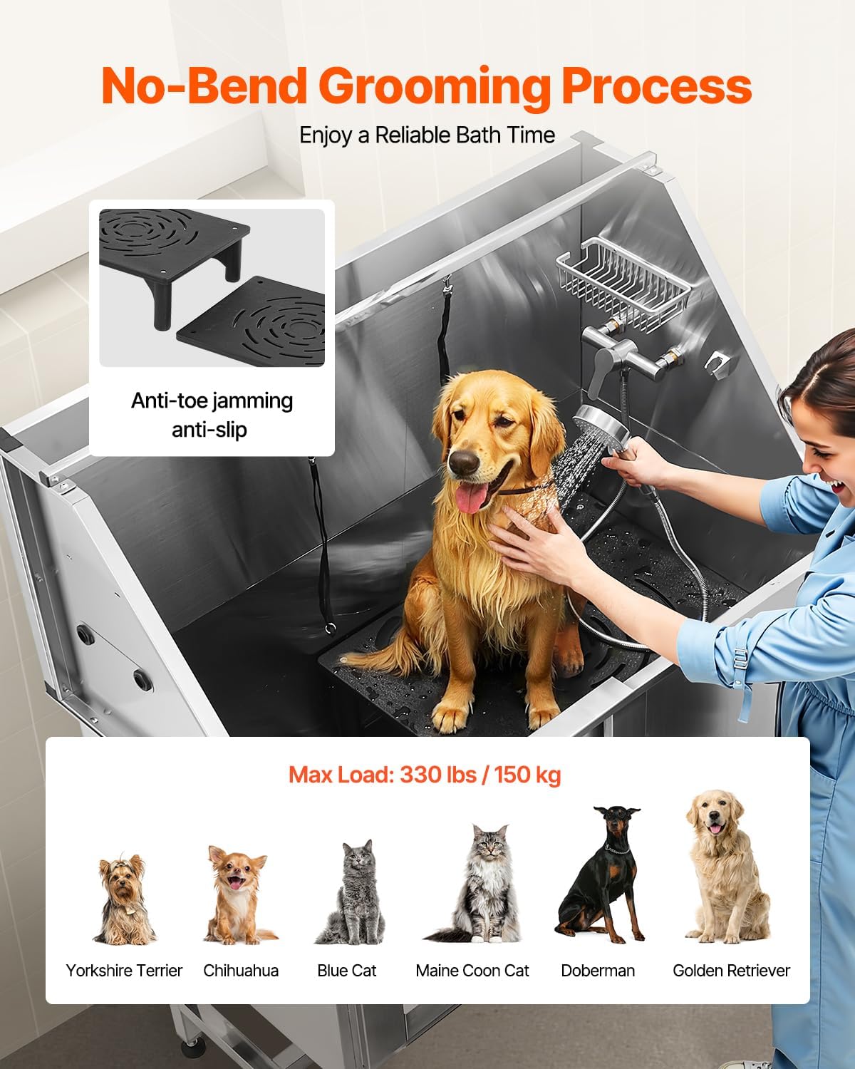 VEVOR Stainless Steel Dog Washing Station, Professional 50 inch Pet Grooming Tub w/Stairs, PE Water Filter Board, Faucet & Showerhead & Soap Holder Bathtub for Large & Medium & Small Pets (Left Door)