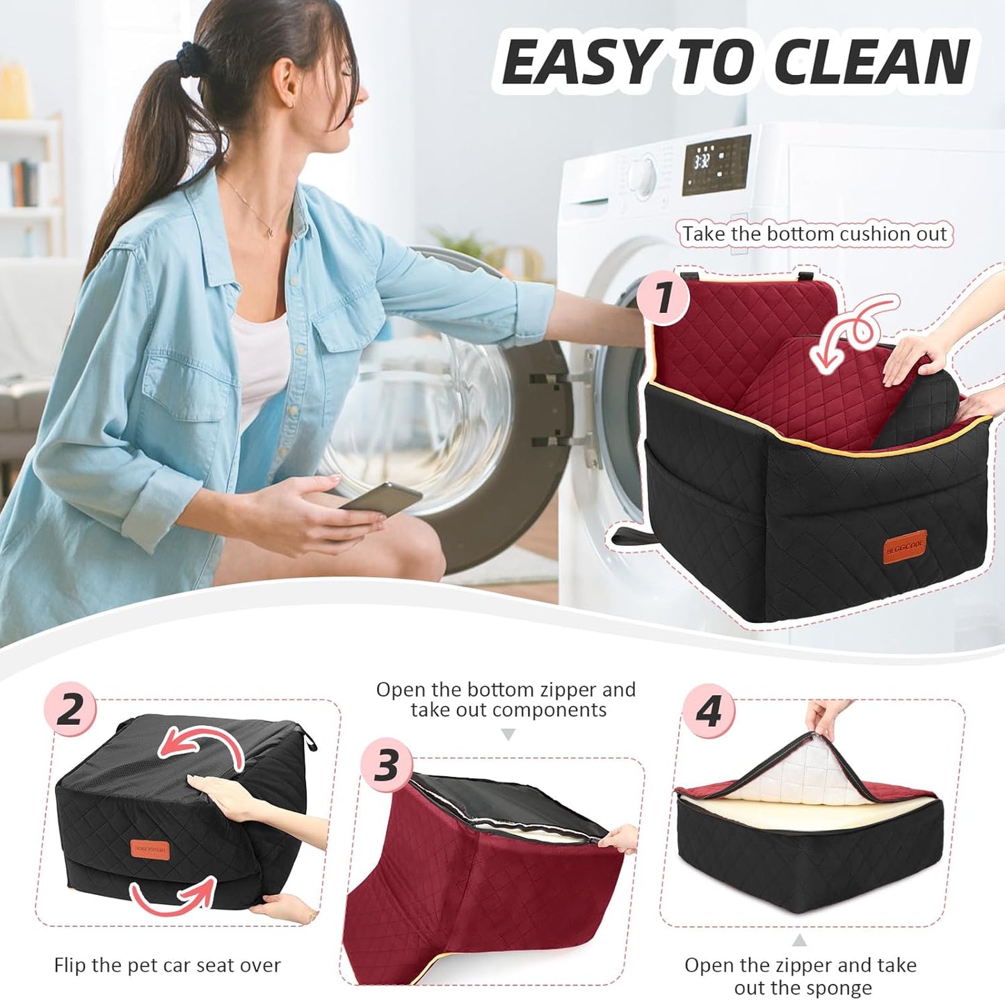 Dog Car Seat for Small Medium Dogs, Memory Foam Puppy Dog Booster Seat with Thick Cushion for Dogs Under 35lbs, Detachable Washable Pet Car Seat Travel Bed with Storage Pockets,2 Safety Belts