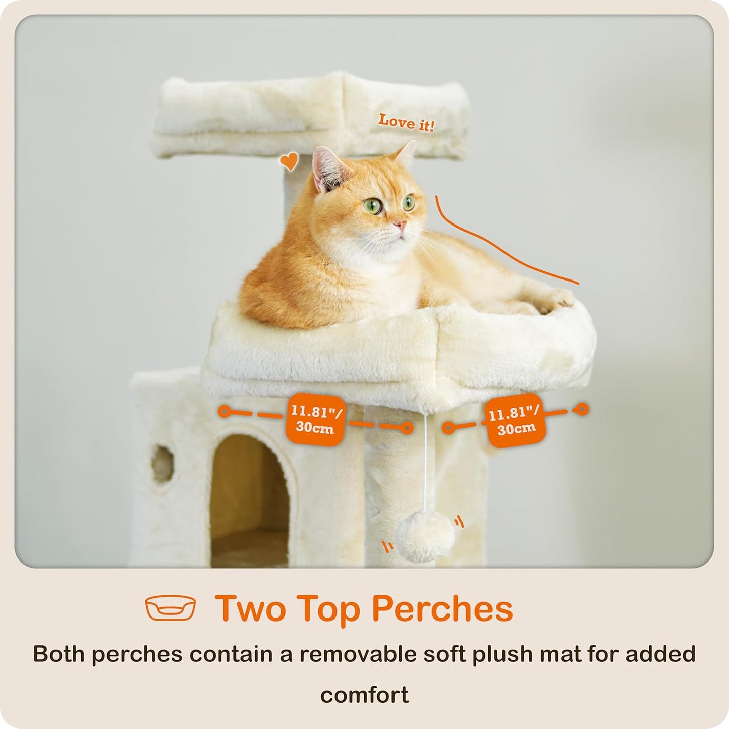 Ouritsu Cat Tree, 56 inch Tall Cat Tower for Large Cat Indoor, Large Condo, 2 Padded Perches, Steel-Framed Hammock, Scratching Post and ramp, Fluffy Basket, Beige, LF001WH