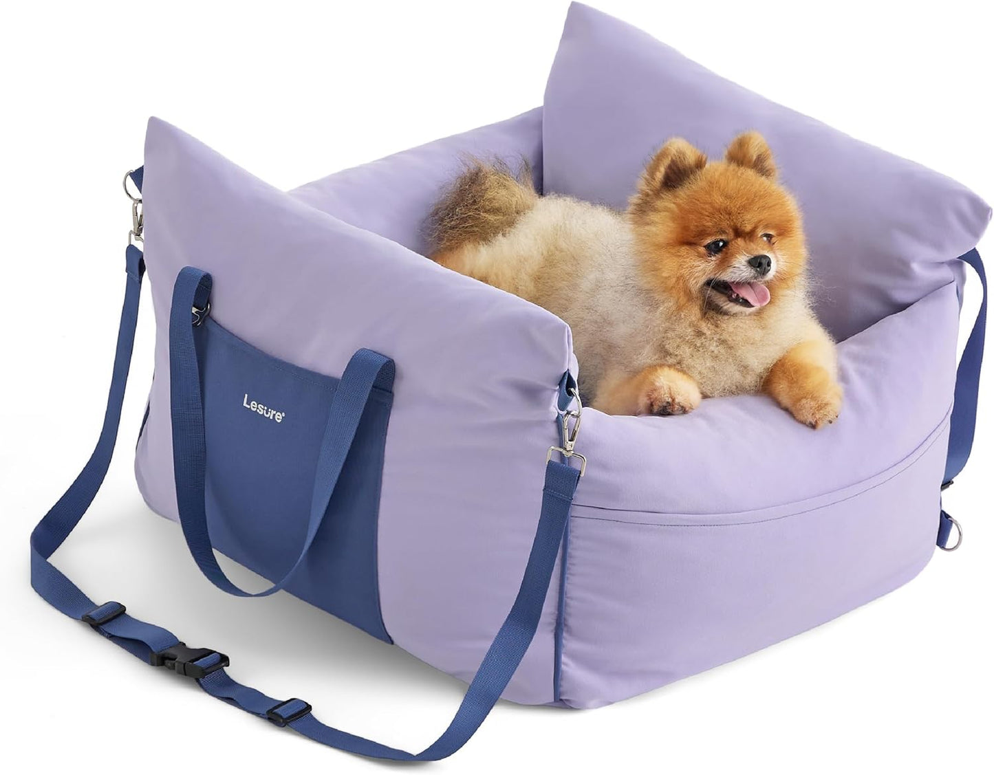 Lesure Small Dog Car Seat for Small Dogs - Waterproof Dog Booster Seat for Car with Storage Pockets and Clip-On Safety Leash and Thickened Memory Foam Filling, Puppy Travel Carrier Bed, Lavender Fog