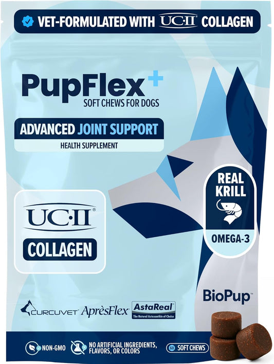 PupFlex+ Hip and Joint Supplement Dogs, Vet Created Soft Chews with UC-II® Collagen for Dogs, CurcuVET® & Omega 3, Proven More Effective Than Glucosamine Chondroitin, Dog Joint Supplement (60 ct)