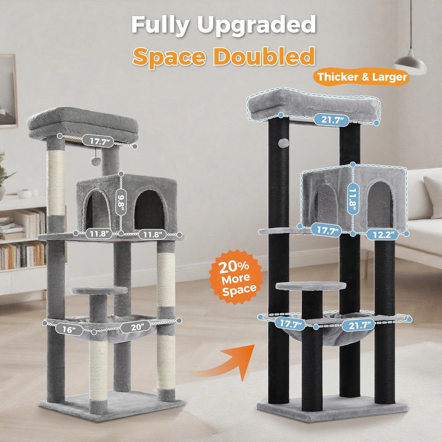 Large Cat Tree with Reinforced Scratching Posts (φ3.1in) for Big Adult Cats 30 lbs, 57.8" Heavy Duty Cat Tower with Larger Hammock and Condo, Cat Furniture for Maine Coon, Plush,Black