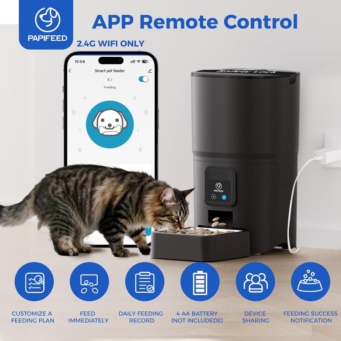 PAPIFEED 2.4G WiFi Automatic Cat Feeder, 6L/25Cup Automatic Pet Feeder with APP Control for Remote Feeding, Detachable for Easy Clean, Cat Food Dispenser with Alexa,1-10 Meals Per Day for Dog, Black