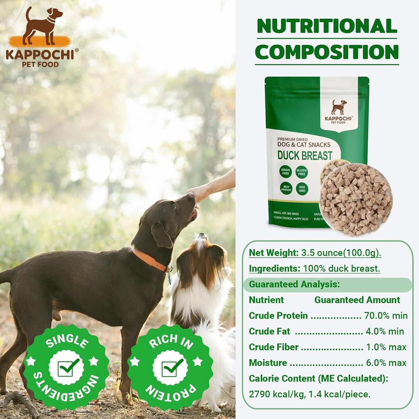 Freeze-Dried Duck Dog Treats, 3.5oz(100.0g), 100% Single Ingredient, High Protein Training Treats, Natural & Raw, No Additives, Grain Free, Gluten Free