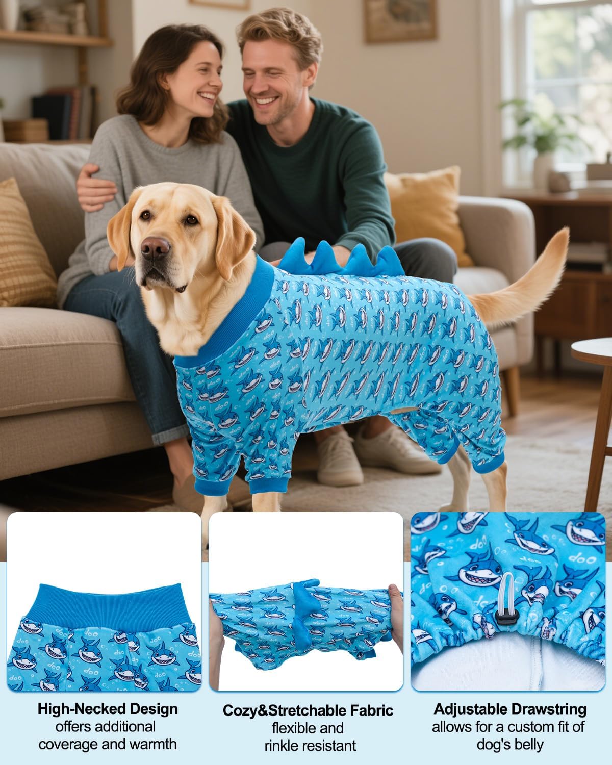 CuteBone Shark Costume Dog Pajamas, Stretchy Spandex Crystal Velvet Sleepwear Coat for Small Dogs, Soft & Warm Pet Outfit Clothes for Cold Weather, Cozy Pullover Design COSP07-3XL