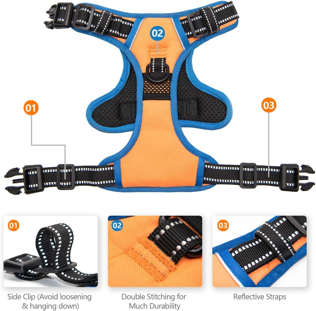 PHOEPET 2019 No Pull Dog Harness Medium Reflective Front Clip Vest with Handle,Adjustable 2 Metal Rings 3 Buckles,[Easy to Put on & Take Off](M, Orange)