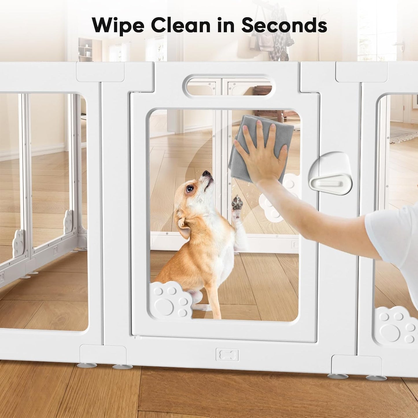 Acrylic Clear Dog Play Pen Indoors, Puppy Playpen with Door for Small Dogs Puppies, Transparent Plastic Pet Playpen Cage Fence Crate Kennel for Cat Kitten Rabbit Bunny Ferret etc (White-10 Panels)