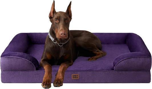 EHEYCIGA Orthopedic Dog Beds for Extra Large Dogs, Waterproof Memory Foam XXL Dog Bed with Sides, Non-Slip Bottom and Egg-Crate Foam Big Pet Couch Bed with Washable Removable Cover, Purple