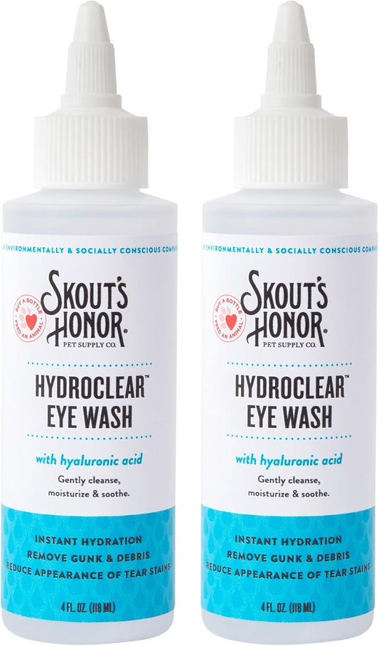 SKOUT'S HONOR HydroClear Eye Wash with Hyaluronic Acid, 4oz Bottle - Non-Medicated, Daily Eye Care for Dogs & Cats, 2-Pack