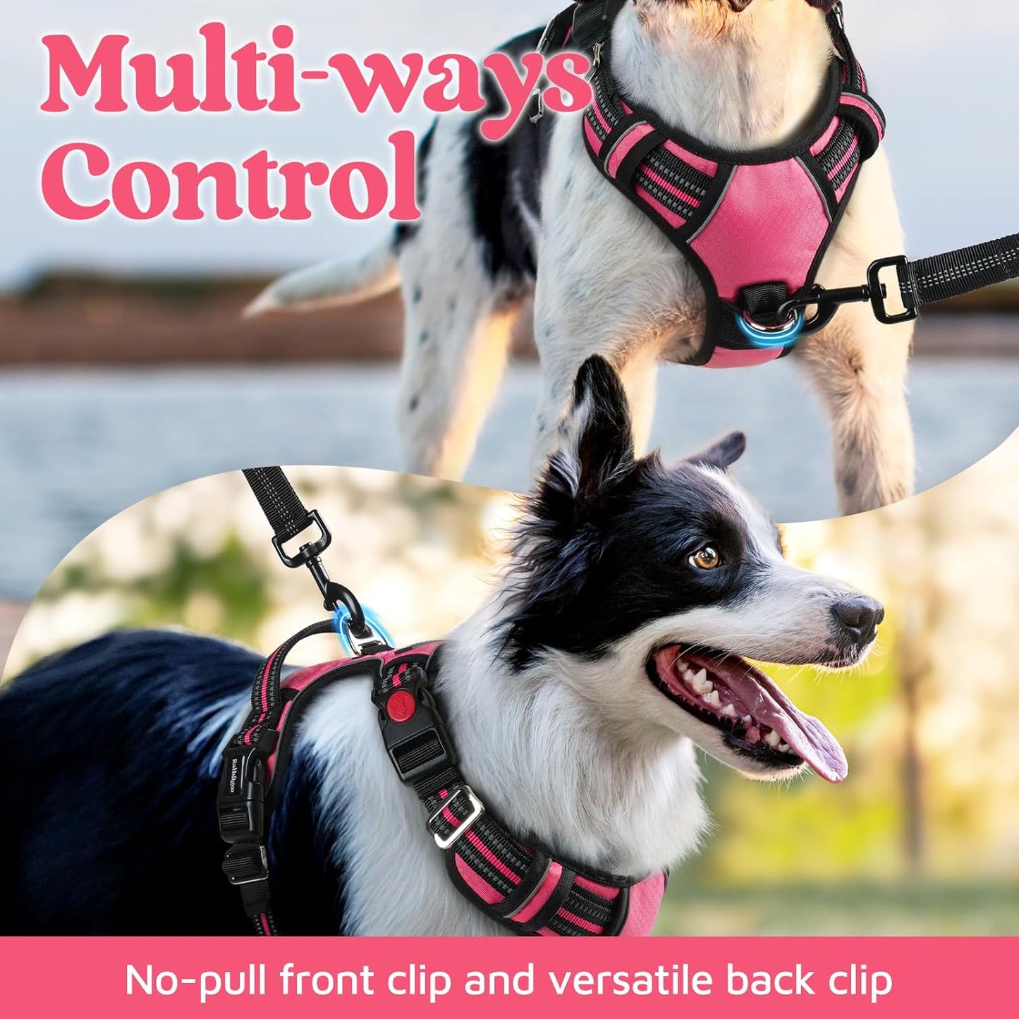 rabbitgoo Dog Harness Medium Sized, No Pull Dog Vest with 3 Buckles, Adjustable Soft Padded Pet Harness with Easy Control Handle and Reflective Strips, Pink, M
