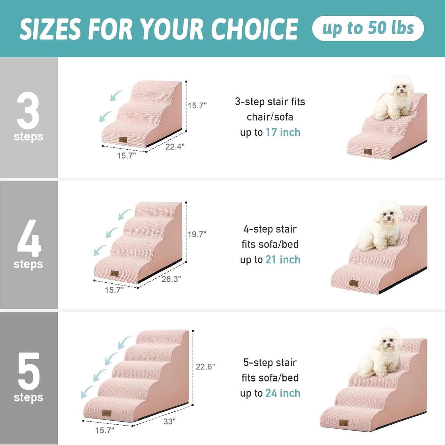 Dog Stairs for Small Dogs 15.7" H, Curved Dog Step for Puppy, Older Cat, Medium Pet Ramp for Sofa, Couch or Bed, Ladder with High Density Foam, 15.7x22.4x15.7 inch, 3 Step, Pink