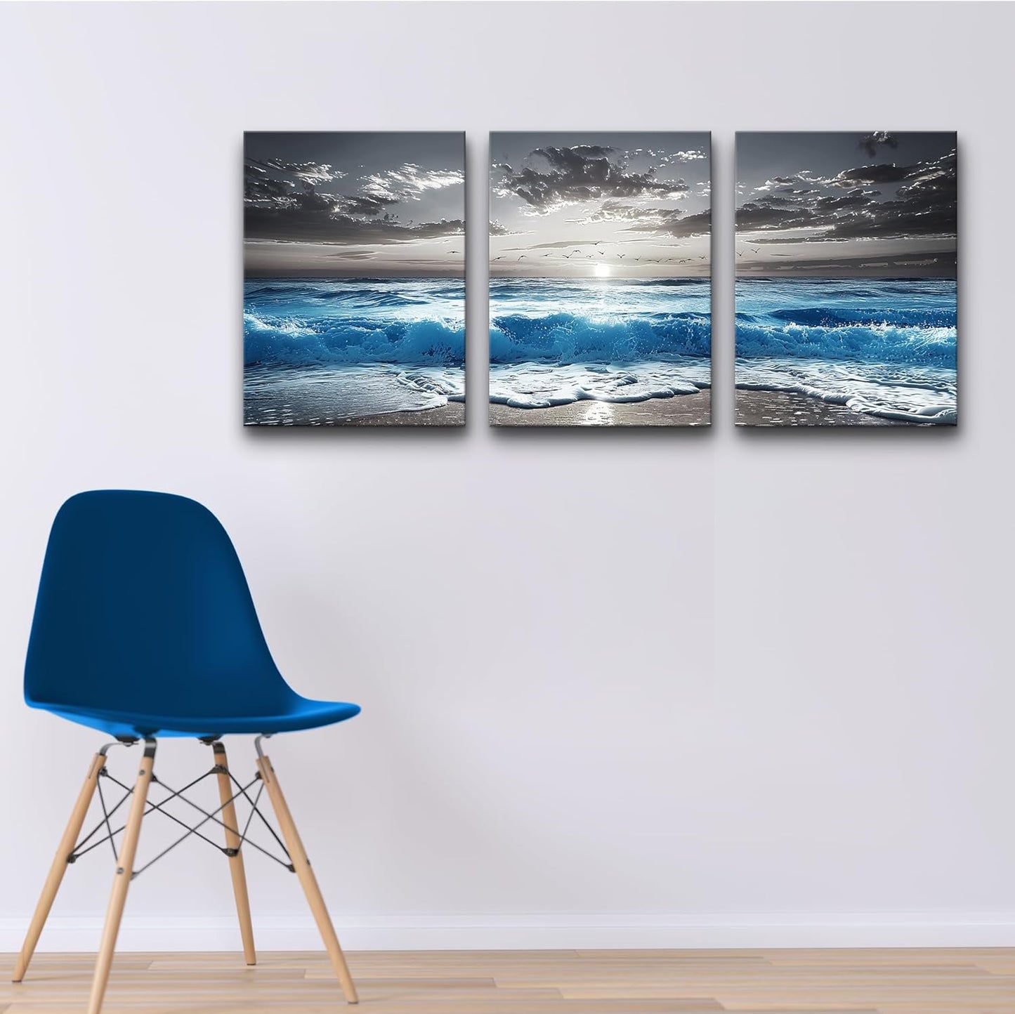 TTHYUEWS Beach Wall Art For Living Room Canvas Wall Decor For Bedroom Office Decorations Blue Sea Wave Paintings Black And White Wall Pictures Artworks Bathroom Canvas Art Modern Home Decor 3 Piece