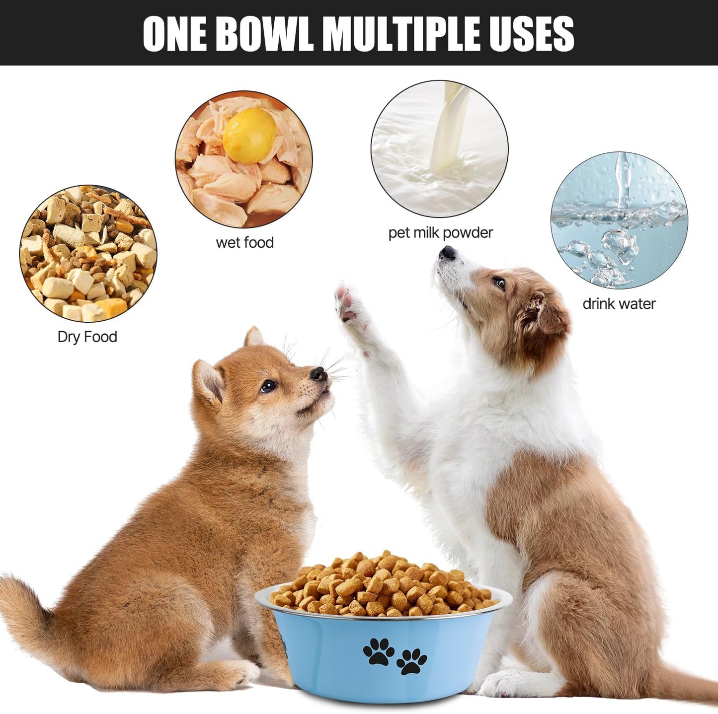 Stainless Steel Dog Bowls, Nonslip Rubber Bottom No Spill Proof Skid Metal Insulated Dog Bowls for Large Medium Small Breed Dogs (Blue, 6.6 Cups/53 OZ)