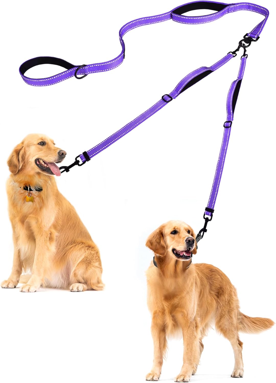 PetBonus Double Dog Leash, No Tangle Dual Leash, Reflective Walking Training Lead, 4 Comfortable Padded Handles for 2 Dogs with Collapsible Bowl and Waste Bags (Purple, Large)