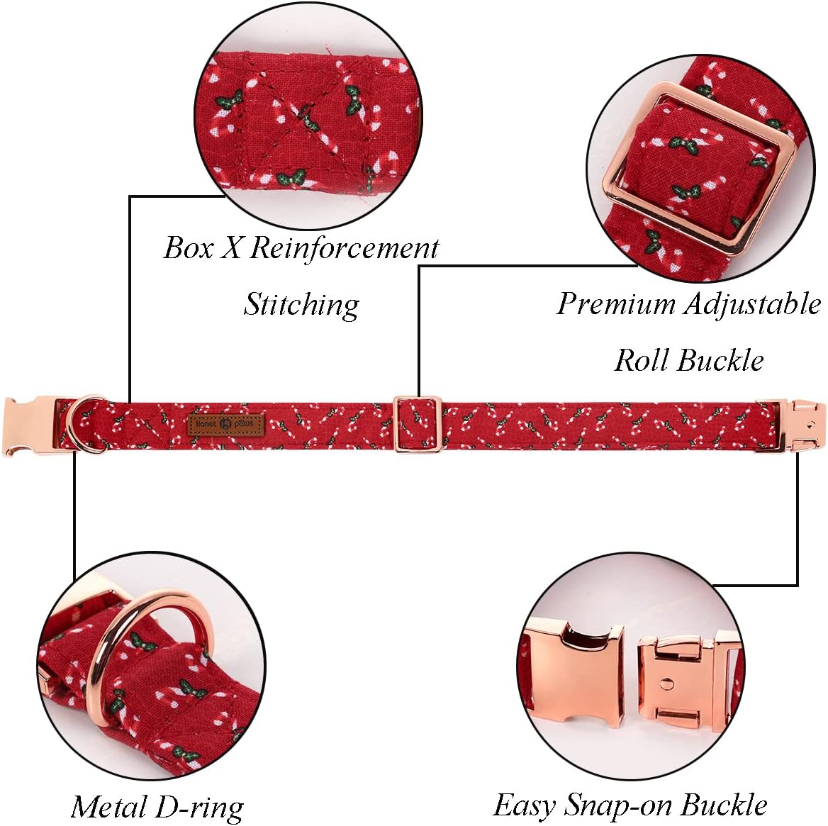 Lionet Paws Dog Collar with Bowtie, Medium, Candy Cane, Cotton, Detachable Bowtie, Unique Stylish Patterns, For Dogs, Adult, Medium Breed